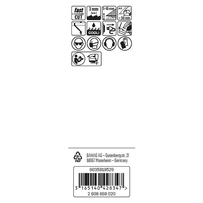 Craftomat Hoja de sierra de calar T 127 D - Aluminio, 2 pzs., Vástago en T - Imagen que muestra las especificaciones del producto, incluyendo la velocidad de corte, el grosor del material y las precauciones de seguridad.