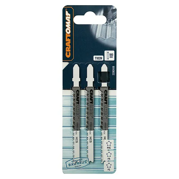 Craftomat Stichsägeblätter T 102 H - PVC/PA, 3 -tlg., T-Schaft - Verpackung von drei CRAFTOMAT® T102H Stichsägeblättern mit 100 mm Länge, geeignet für PVC, PA und PS Materialien, garantiert durch Bauhaus Qualität.