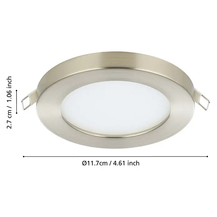 Eglo LED-Einbauleuchte rund FUEVA FLEX - 5,5 W, Ø x H: 11,7 x 0,2 cm, Nickel-matt, Neutralweiß - Nahaufnahme einer runden LED-Deckenleuchte in gebürstetem Nickel mit Maßangaben für Höhe und Durchmesser.