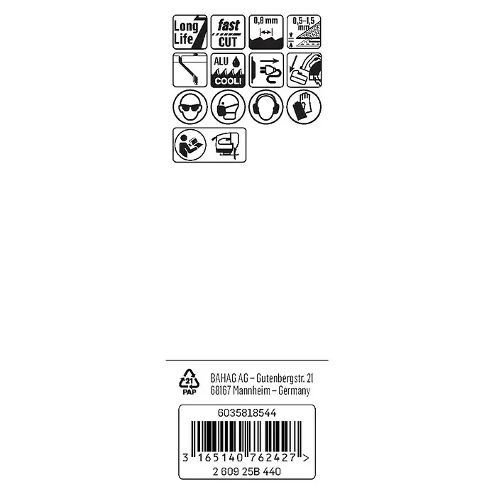 Craftomat Hojas de sierra T 121 GF - Placas / placas perforadas, 3 pzs., Vástago en T - Imagen de un embalaje con señales de seguridad y código de barras para un producto de larga duración y corte rápido.