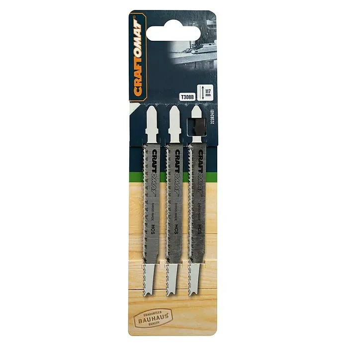 Craftomat Stichsägeblätter T 308 B - Holz, 3 -tlg., T-Schaft - Das Bild zeigt eine Packung Craftomat Stichsägeblätter T308B HCS Swiss Made mit Bauhaus Qualitätsgarantie.