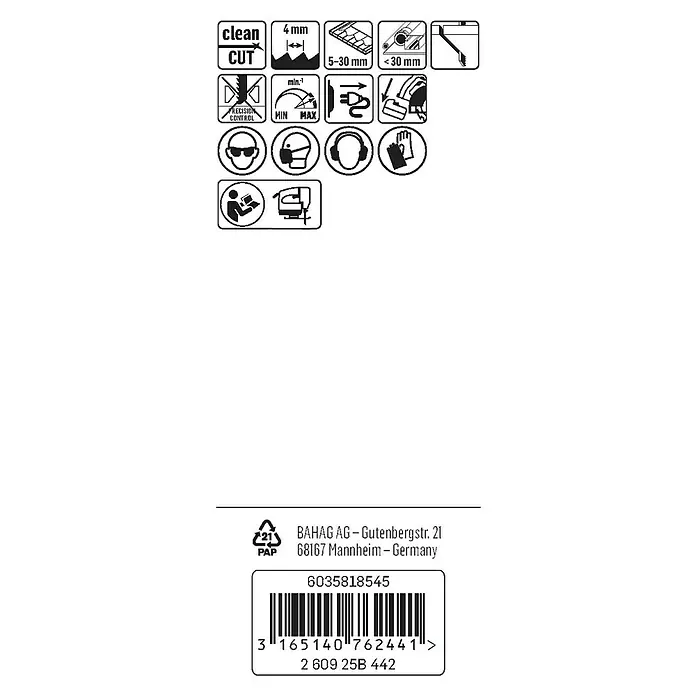 Craftomat Hojas de sierra T 102 D - PP / PE, 3 pzs., Vástago en T - Imagen con símbolos del producto, precauciones de seguridad y código de barras. Muestra detalles de la hoja de sierra, protección e info fabricante.