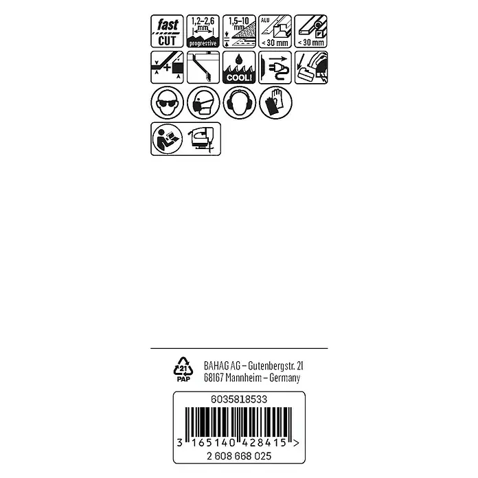 Craftomat Hoja de sierra de calar T 123 X - Metal, 2 pzs., Vástago en T - Ilustración de las especificaciones e instrucciones de seguridad del producto, incluyendo velocidad de corte, grosor del material y equipo de protección necesario.