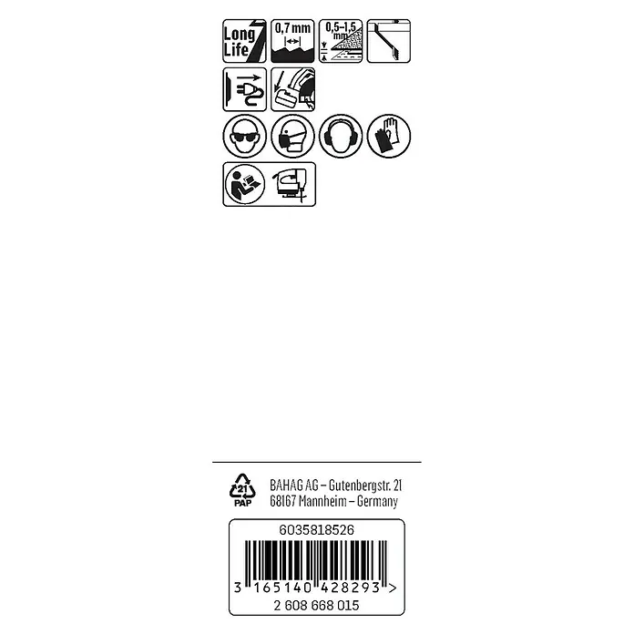 Craftomat Hoja de sierra de calar T 118 G - Chapa, 2 pzs., Vástago en T - Impresión de embalaje del producto con instrucciones de seguridad y uso, incluyendo el código de barras y la información del fabricante.