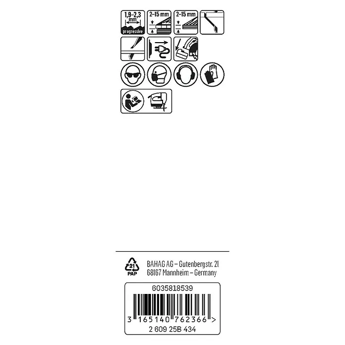 Craftomat Hoja de sierra de calar T 119 B - Madera blanda / madera aglomerada, 3 pzs., Vástago en T - Imagen de un envase de hojas de sierra de calar que muestra el grosor de corte y las precauciones de seguridad para una protección óptima durante el trabajo.