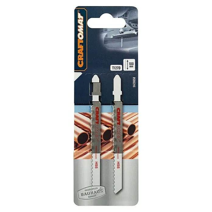 Craftomat Stichsägeblatt T 127 D - Aluminium, 2 -tlg., T-Schaft - Bild einer CRAFTOMAT Stichsägeblatt-Packung T127D mit zwei Sägeblättern, garantiert von BAUHAUS, für präzise Schnitte.