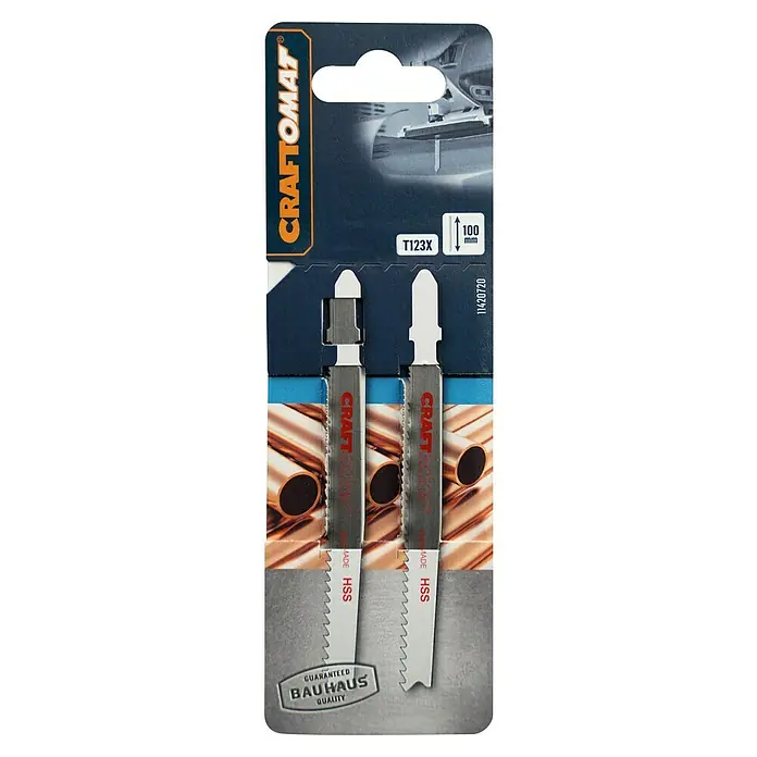 Craftomat Stichsägeblatt T 123 X - Metall, 2 -tlg., T-Schaft - Bild eines Craftomat T123X Stichsägeblattsatzes für Metallschnitte, mit Bauhaus Qualitätsgarantie, ideal für präzise und saubere Ergebnisse.