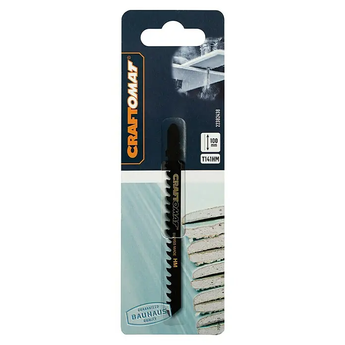 Craftomat Stichsägeblatt T 141 HM - Gipskarton, T-Schaft - Nahaufnahme einer CRAFTOMAT T141HM Stichsägeblatt-Verpackung, ideal zum Schneiden von harten Materialien. Garantiert höchste Qualität für präzise Schnitte.