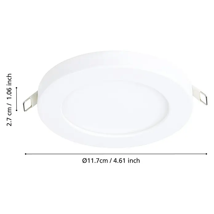 Eglo LED-Einbauleuchte rund FUEVA FLEX - 5,5 W, Ø x H: 11,7 x 0,2 cm, Weiß, Neutralweiß - Abmessungen einer runden, weißen LED-Deckenleuchte mit den Maßen 11,7 cm Durchmesser und 2,7 cm Tiefe.