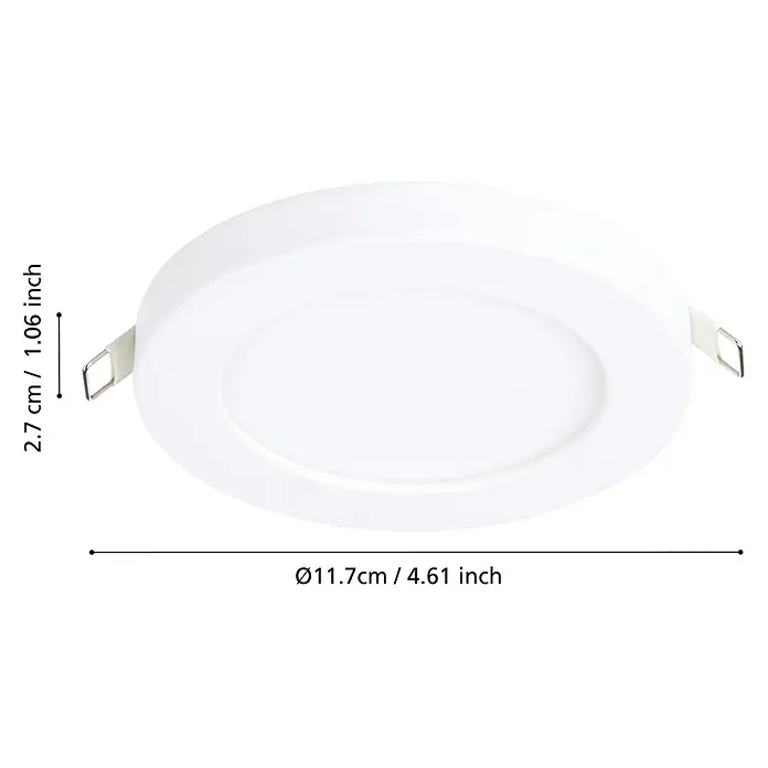 Eglo LED-Einbauleuchte FUEVA FLEX - 5,5 W, Weiß, Warmweiß - Das Bild zeigt eine runde, weiße LED-Einbauleuchte mit den Maßen 11,7 cm Durchmesser und 2,7 cm Höhe.