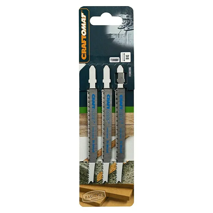 Craftomat Stichsägeblatt T 308 BF - Holz, 3 -tlg., T-Schaft - Verpackung von drei Craftomat T308BF Stichsägeblättern, ideal für saubere Holzschnitte, mit Bauhaus Qualitätsgarantie für präzise Ergebnisse.