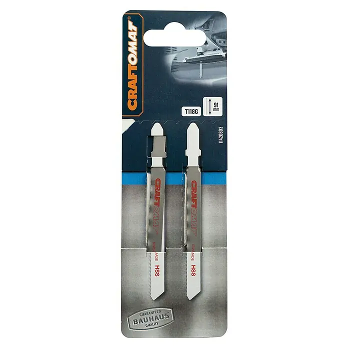 Craftomat Stichsägeblatt T 118 G - Blech, 2 -tlg., T-Schaft - Verpackung für Craftomat T118G Stichsägeblätter, Swiss Made HSS, Bauhaus Qualitätsgarantie für präzise Holzschnitte.