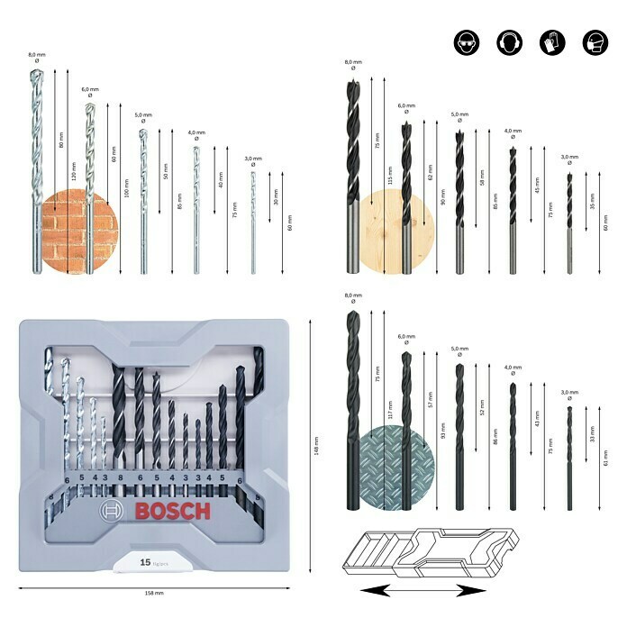 Bosch Bohrer-Set (15-tlg., Holz/Metall/Stein)