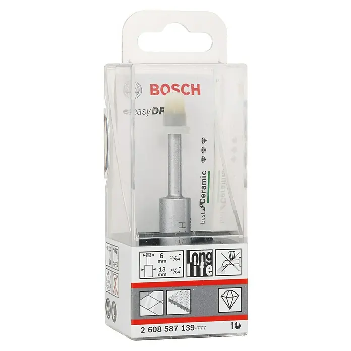 Bosch Diamant-Trockenbohrer Easy Dry - 1 Stk., Durchmesser Bohrer: 6 mm - Bild einer Bosch EasyDry Keramikbohrmaschine, verpackt in einer transparenten Kunststoffverpackung, die Details zum Produkt zeigt.