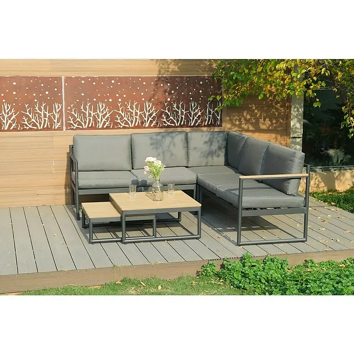 Sunfun Conjunto de muebles Eliane - 5 pzs., Aluminio/Polywood, Antracita - Elegante conjunto de sofá gris para exteriores con mesa de centro en un patio, perfecto para relajarse y disfrutar del aire libre.