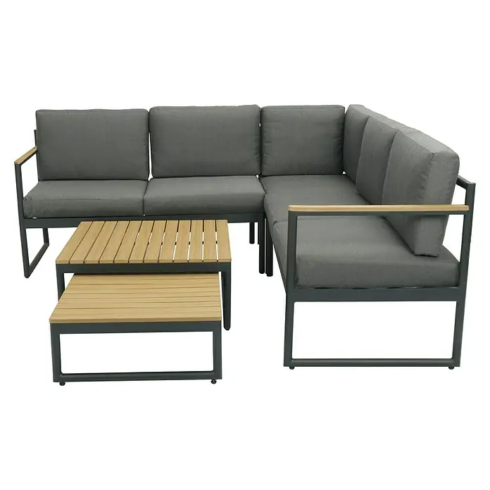 Sunfun Conjunto de muebles Eliane - 5 pzs., Aluminio/Polywood, Antracita - Conjunto de salón de jardín gris con mesa. El conjunto incluye un sofá esquinero y dos mesas auxiliares con tapas de madera.