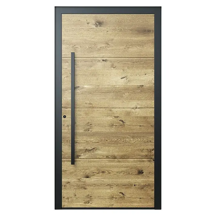 Portofino Blackline Edition Haustür 702PF Nero - 110 x 210 cm, DIN Anschlag: Links - Eine moderne Haustür aus Holz mit einem schmalen, schwarzen Rahmen und einem langen, vertikalen Türgriff. Blickfang für jeden Eingangsbereich.