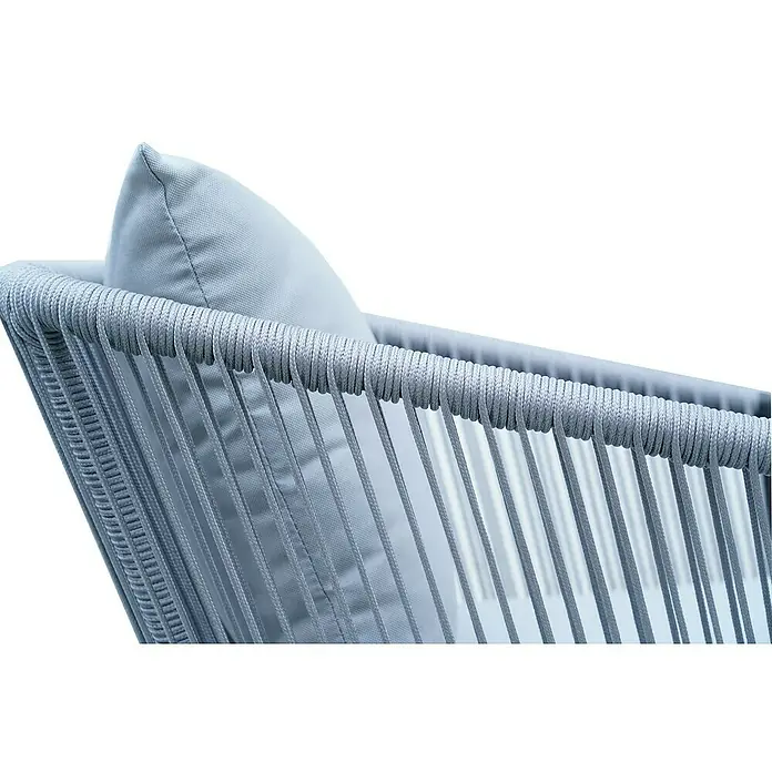 Sunfun Conjunto de muebles Clarissa - 3 pzs., Aluminio/Cuerda sintética, Antracita/gris - Primer plano de una moderna silla tejida gris con un cojín suave, combinando confort y estilo. Perfecta para una vida relajada al aire libre.