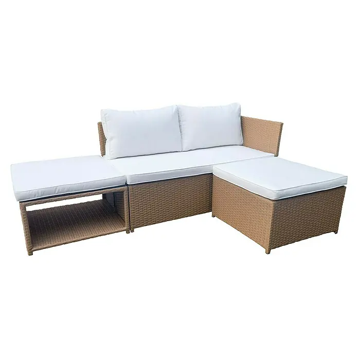 Sunfun Conjunto de muebles Samara - 3 pzs., Ratán sintético/Aluminio, Marrón - Elegante esquina de salón de exterior con cojines claros. El aspecto de ratán marrón del sofá crea un ambiente elegante en el jardín o en la terraza.