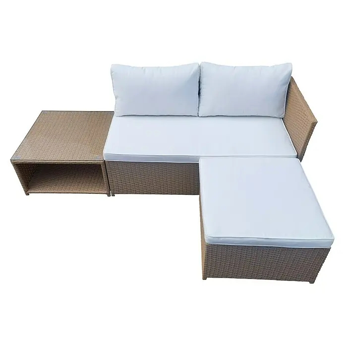 Sunfun Conjunto de muebles Samara - 3 pzs., Ratán sintético/Aluminio, Marrón - Este conjunto de salón de ratán con cojines claros invita a relajarse en el jardín. El conjunto consta de un sofá, taburete y mesa con tapa de cristal.