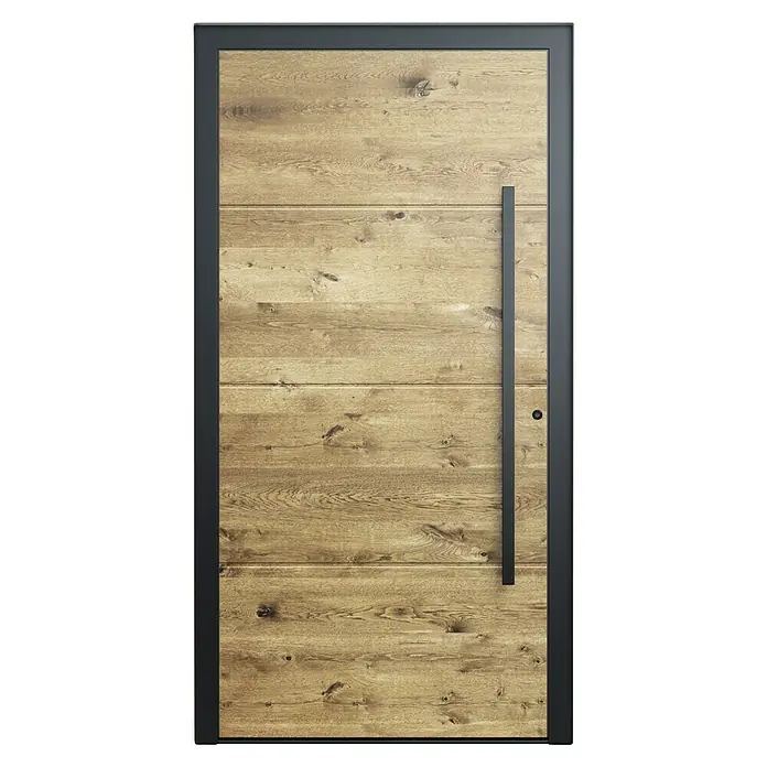 Portofino Blackline Edition Haustür 702PF Nero - 110 x 210 cm, DIN Anschlag: Rechts - Eine moderne Eingangstür mit Holzpaneelen und einem schlanken, schwarzen Griff. Die Tür wirkt einladend und stilvoll zugleich.