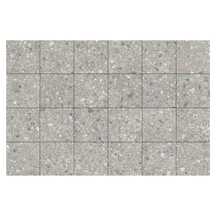 Feinsteinzeugfliese Terrazzo Ceppo - 59,7 x 59,7 cm, Silber, Glänzend - Nahaufnahme einer Reihe grauer Terrazzo-Bodenfliesen mit sichtbaren Zuschlagstoffen und dunklen Fugenlinien für stilvolle Innenräume.