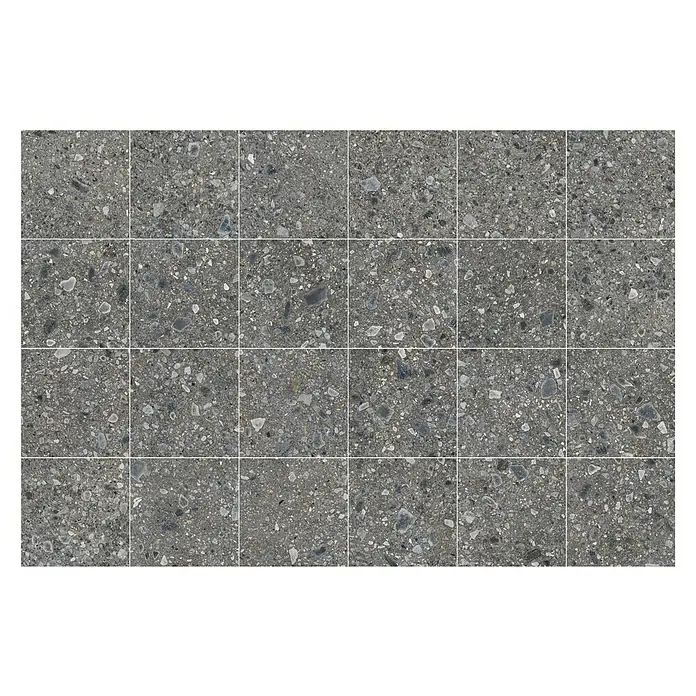 Feinsteinzeugfliese Terrazzo Ceppo - 59,7 x 59,7 cm, Graphit, Glänzend - Nahaufnahme von dunkelgrauen Terrazzo-Fliesen mit groben Zuschlagstoffen, die eine robuste und stilvolle Oberfläche bieten.