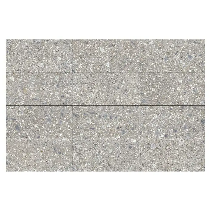 Feinsteinzeugfliese Terrazzo Ceppo - 59,7 x 119,7 cm, Silber, Glänzend - Muster von Bodenfliesen in einem Terrazzo-Design mit grauen und weißen Farbtönen. Die Fliesen sind in einem rechteckigen Format angeordnet.