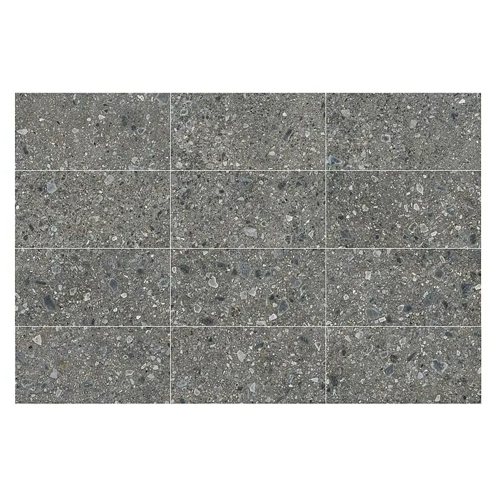Feinsteinzeugfliese Terrazzo Ceppo - 59,7 x 119,7 cm, Graphit, Glänzend - Nahaufnahme von grauen Terrazzo-Fliesen, die eine moderne und langlebige Bodenlösung für Innenräume bieten.