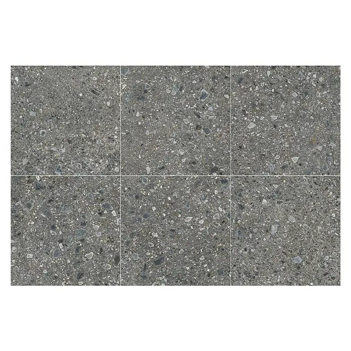 Feinsteinzeugfliese Terrazzo Ceppo - 119,7 x 119,7 cm, Graphit, Glänzend - Graue Betonbodenfliesen mit gesprenkelter Textur, ideal für moderne Innenräume. Robust und stilvoll.