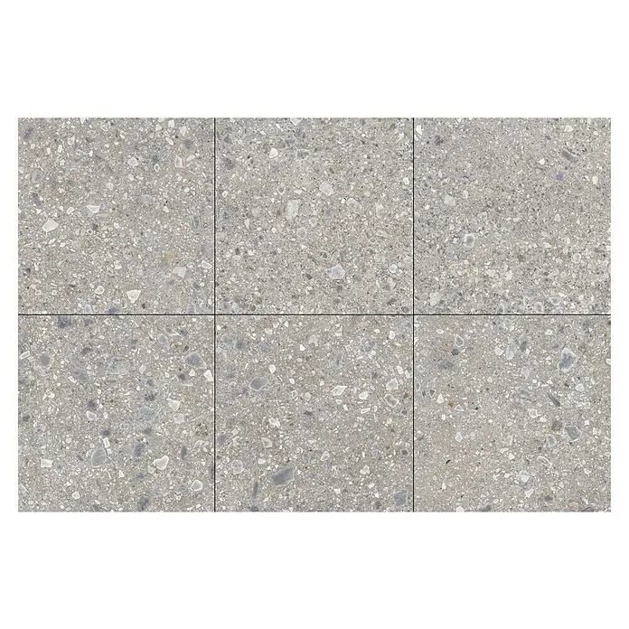 Feinsteinzeugfliese Terrazzo Ceppo - 119,7 x 119,7 cm, Silber, Glänzend - Graue Terrazzo-Fliesen mit einer Mischung aus kleinen, bunten Partikeln, ideal für moderne Innenräume, als Boden- und Wandbelag geeignet.
