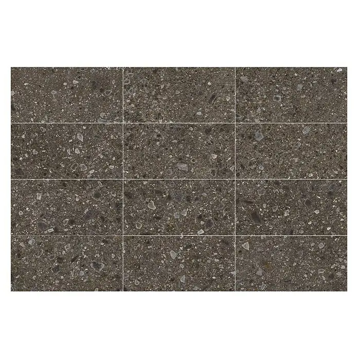 Feinsteinzeugfliese Terrazzo Ceppo - 59,7 x 119,7 cm, Schwarz, Glänzend - Nahaufnahme von grauen Keramikfliesen. Das Muster der Fliesen besteht aus unregelmäßigen, kleinen, helleren Steinen und Körnern, die in die dunkle Oberfläche eingebettet sind.