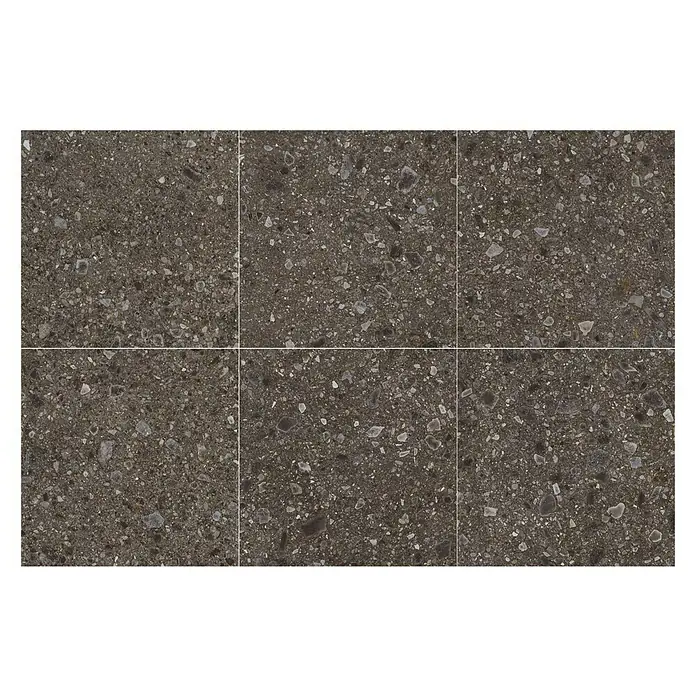 Feinsteinzeugfliese Terrazzo Ceppo - 119,7 x 119,7 cm, Schwarz, Glänzend - Nahaufnahme von sechs braunen Bodenfliesen mit kleinen Steinen für ein Interieur Design mit robuster und natürlicher Optik.