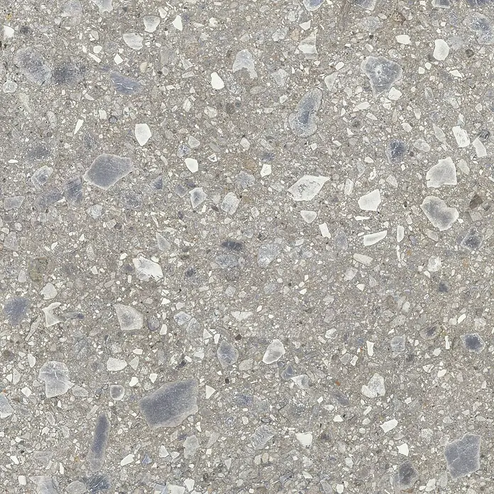 Feinsteinzeugfliese Terrazzo Ceppo - 119,7 x 119,7 cm, Silber, Glänzend - Nahaufnahme einer grauen Terrazzo-Fliese mit unregelmäßigen, hellen und dunklen Einschlüssen für Bodenbeläge oder Wandverkleidungen.