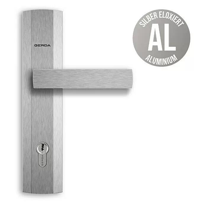 Gerda Haustür Thermo Prime 75 Ulm - 110 x 210 cm, DIN Anschlag: Links, Grau, Details in Edelstahl - Silber gebürstetes Aluminium-Türgriffset mit Schlüsselloch.