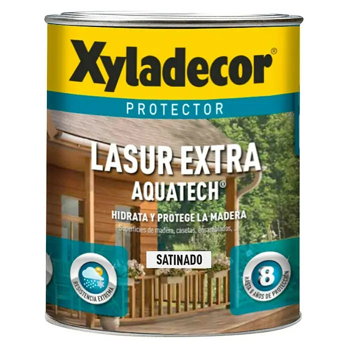 Xyladecor Protección para madera Lasur Extra Aquatech - Wengué, 750 ml, Satinado - Imagen del producto de una lata de lasur protector de madera Xyladecor Lasur Extra Aquatech, que protege e hidrata.