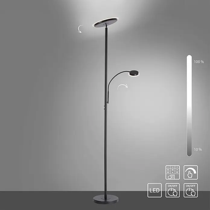 Paul Neuhaus LED-Stehleuchte Hans - 31,5 W, Höhe: 193 cm, Schwarz, Warmweiß - Elegante Stehlampe mit zwei Leuchten und Dimmfunktion, ideal für Wohn- und Arbeitsbereiche. Modernes Design und energiesparende LED-Technologie.