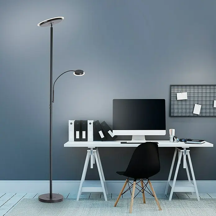 Paul Neuhaus LED-Stehleuchte Hans - 31,5 W, Höhe: 193 cm, Schwarz, Warmweiß - Moderne Stehlampe mit zwei Leuchten in einem Büro. Die Lampe ist schlank und hat ein minimalistisches Design.