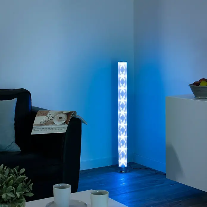 Paul Neuhaus LED-Stehleuchte Bingo - 3,8 W, Höhe: 100,3 cm, Chrom, RGBW - Die elegante Stehlampe mit modernem Design erhellt jeden Raum mit ihrem blauen Licht und dem stilvollen Muster. Perfekt als Akzentbeleuchtung.