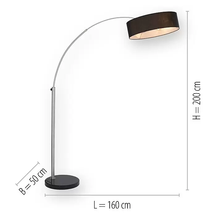 Just Light Stehleuchte Petro - Höhe: 200 cm, Stahl, Schwarz, E27 - Moderne Bogenstehleuchte mit geschwungenem silbernen Metallständer, schwarzem Stoffschirm und schwarzem Rundfuß.