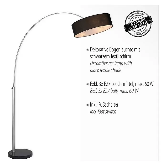 Just Light Stehleuchte Petro - Höhe: 200 cm, Stahl, Schwarz, E27 - Dekorative Bogenleuchte mit schwarzem Textilschirm, silbernem Metallbogen und dunklem Rundfuß.