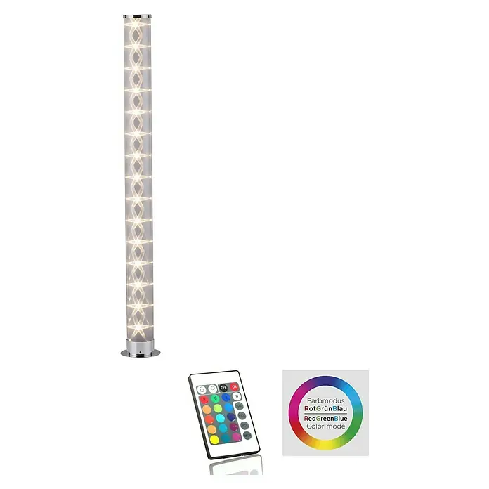 Paul Neuhaus LED-Stehleuchte Bingo - 3,8 W, Höhe: 100,3 cm, Chrom, RGBW - Produktabbildung einer modernen Stehlampe mit RGB-Farbwechsel und einer dazugehörigen Fernbedienung zur einfachen Steuerung der Lichtmodi.