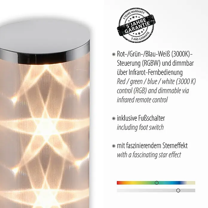 Paul Neuhaus LED-Stehleuchte Bingo - 3,8 W, Höhe: 100,3 cm, Chrom, RGBW - Nahaufnahme einer dekorativen RGBW-LED-Leuchte mit Sterneffekt, inklusive Fußschalter und Infrarot-Fernbedienung.