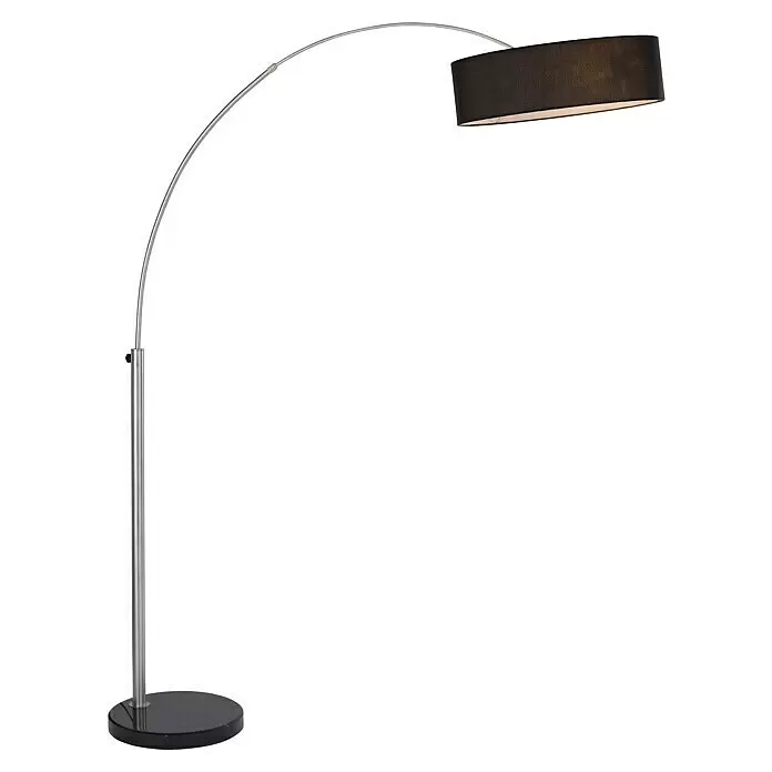 Just Light Stehleuchte Petro - Höhe: 200 cm, Stahl, Schwarz, E27 - Bogenförmige Stehleuchte mit silbernem Metallschaft, schwarzem Stoffschirm und rundem schwarzem Sockel.
