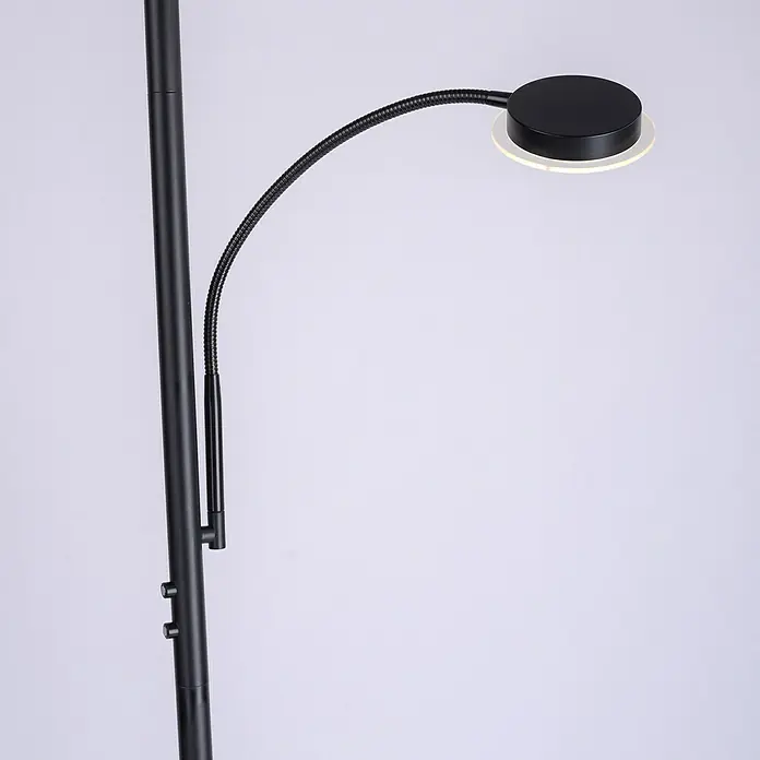 Paul Neuhaus LED-Stehleuchte Hans - 31,5 W, Höhe: 193 cm, Schwarz, Warmweiß - Nahaufnahme einer schwarzen Stehlampe mit einem runden LED-Licht, das ein modernes und minimalistisches Design zeigt.