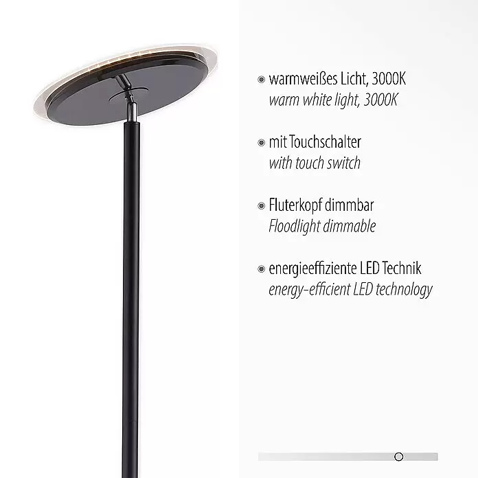 Just Light LED-Stehleuchte Hans - Höhe: 1,81 m - Schwarze LED-Stehleuchte mit rundem, nach oben gerichteten, dimmbaren Kopf und Touch-Schalter, mit warmweißem 3000K Licht.