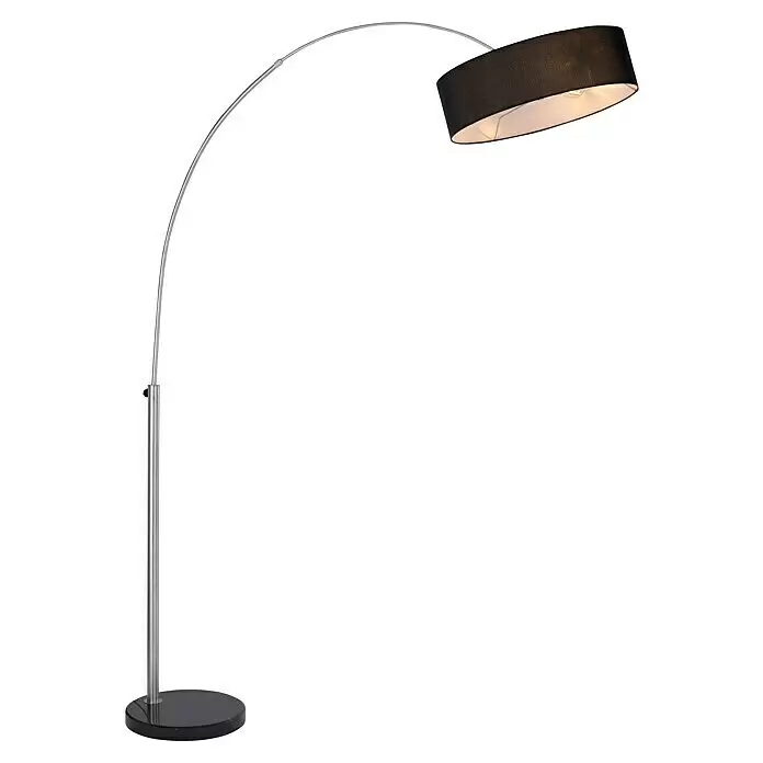 Just Light Stehleuchte Petro - Höhe: 200 cm, Stahl, Schwarz, E27 - Moderne Bogen-Stehleuchte mit silbernem Metallrahmen und schwarzem Stoffschirm, nach unten leuchtend.