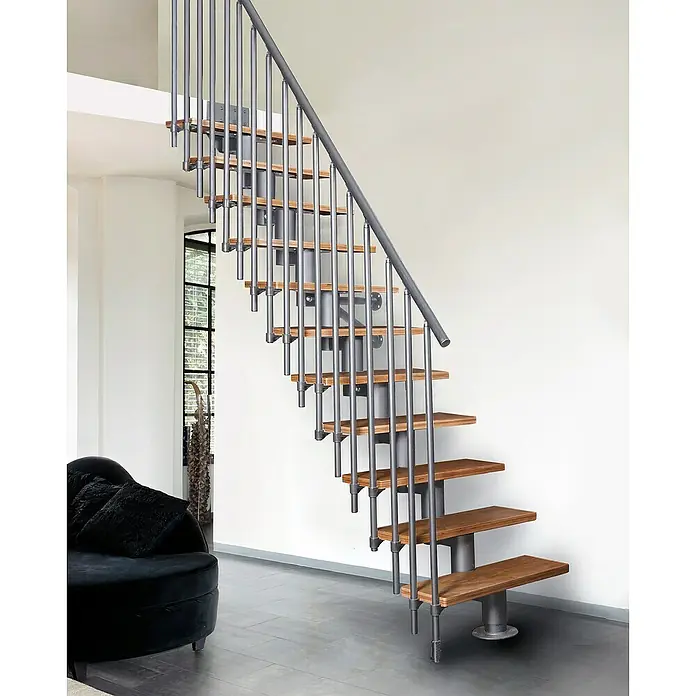 Atrium Mittelholmtreppe Dixi Vertical - Farbton Metall: RAL 9006, Breite: 80 cm, Buche, Gerade, Geschosshöhe: 222 cm - 300 cm - Moderne Treppe mit Holzstufen und Metallgeländer. Die schwebende Treppe ist ein Hingucker in jedem modernen Wohnraum und überzeugt mit Design.