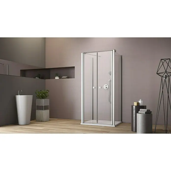 GEO Hit Duschkabine B-U110 - 100 x 202,2 cm, Beschichtet, Glasstärke: 6 mm, Silber, Links x Mitte x Rechts: 100 x 100 x 100 cm - Bild einer modernen Duschkabine mit klaren Linien und einem minimalistischen Design in einem stilvollen Badezimmer.