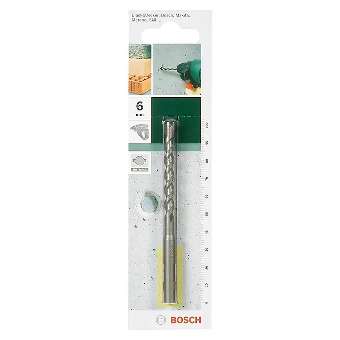 Bosch Beton- & Steinbohrer - Durchmesser Bohrer: 6 mm, Arbeitslänge: 55 mm - Nahaufnahme eines Bosch 6mm SDS-Quick Bohrers in seiner Verpackung mit Größenangaben und Logos.